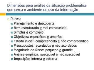 Dimensões para análise da situação problemática que cerca o ambiente de uso da informaçãoPares:Planejamento e descobertaBem estruturado e mal estruturadoSimples e complexoObjetivos: específicos e amorfosEstado inicial: compreendido e não compreendidoPressupostos: acordados e não acordadosMagnitude do Risco: pequeno e grandeAnálise empírica: suscetível e não suscetívelImposição: interna e externa