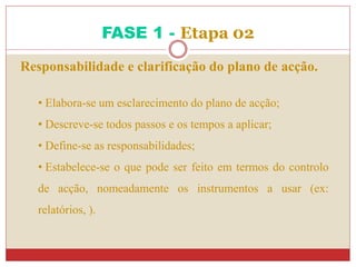 Responsabilidade e clarificação do plano de acção.
• Elabora-se um esclarecimento do plano de acção;
• Descreve-se todos passos e os tempos a aplicar;
• Define-se as responsabilidades;
• Estabelece-se o que pode ser feito em termos do controlo
de acção, nomeadamente os instrumentos a usar (ex:
relatórios, ).
FASE 1 - Etapa 02
 
