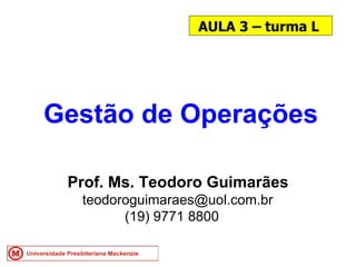 AULA 3 – turma L Gestão de Operações Prof. Ms. Teodoro Guimarães [email_address] (19) 9771 8800 