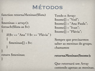 Métodos Tendo o Array: $nome[] = “Ved”; $nome[] = “Ana Paula”; $nome[] = “Ivan”; $nome[] = “Flávia”; Sempre que precisarmos saber as meninas do grupo, chamamos retornaMeninas($nome); Que retornará um Array contendo apenas as meninas. function retornaMeninas($lista) { $meninas = array(); foreach($lista as $v) { if($v == “Ana” || $v == “Flávia” ) { $meninas[] = $v; } } return $meninas; } 