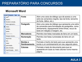 PROAB 2010 AULA 3 PREPARATÓRIO PARA CONCURSOS Microsoft Word Fonte Abre uma caixa de diálogo que dá acesso a uma série de comandos (negrito, tipo da fonte, tamanho da fonte, itálico, etc.). Parágrafo Abre uma caixa de diálogo que apresenta uma série de comandos para formatação de parágrafos, como alinhamento, espaçamento entre linhas, recuo do texto em relação à margem, etc. Marcadores Permite criar listas marcadas de itens em um texto. Numeração Permite criar listas numeradas de itens em um texto.  Bordas e Sombreamento Formata o trecho de texto para que apresente uma borda e um sombreamento em seu segundo plano. Colunas Formata o texto do documento para que se apresente em duas ou mais colunas numa mesma página. 