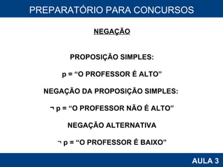 PROAB 2010 AULA 3 PREPARATÓRIO PARA CONCURSOS NEGAÇÃO PROPOSIÇÃO SIMPLES: p = “O PROFESSOR É ALTO” NEGAÇÃO DA PROPOSIÇÃO SIMPLES:  ¬ p = “O PROFESSOR NÃO É ALTO” NEGAÇÃO ALTERNATIVA ¬  p = “O PROFESSOR É BAIXO” 