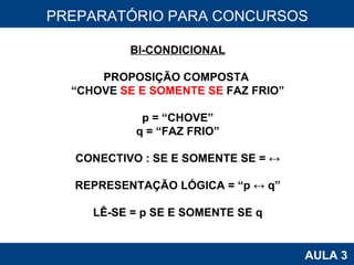 PROAB 2010 AULA 3 PREPARATÓRIO PARA CONCURSOS BI-CONDICIONAL PROPOSIÇÃO COMPOSTA  “ CHOVE  SE E SOMENTE SE  FAZ FRIO” p = “CHOVE” q = “FAZ FRIO” CONECTIVO : SE E SOMENTE SE = ↔ REPRESENTAÇÃO LÓGICA = “p ↔ q” LÊ-SE = p SE E SOMENTE SE q 