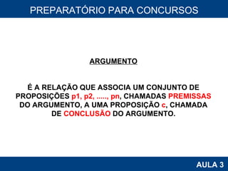 PROAB 2010 AULA 3 PREPARATÓRIO PARA CONCURSOS ARGUMENTO É A RELAÇÃO QUE ASSOCIA UM CONJUNTO DE PROPOSIÇÕES  p1, p2, ....., pn , CHAMADAS  PREMISSAS DO ARGUMENTO, A UMA PROPOSIÇÃO  c , CHAMADA DE  CONCLUSÃO  DO ARGUMENTO. 
