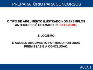 PROAB 2010 AULA 3 PREPARATÓRIO PARA CONCURSOS O TIPO DE ARGUMENTO ILUSTRADO NOS EXEMPLOS ANTERIORES É CHAMADO DE  SILOGISMO . SILOGISMO É AQUELE ARGUMENTO FORMADO POR DUAS PREMISSAS E A CONCLUSÃO. 