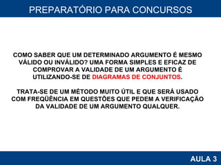 PROAB 2010 AULA 3 PREPARATÓRIO PARA CONCURSOS COMO SABER QUE UM DETERMINADO ARGUMENTO É MESMO VÁLIDO OU INVÁLIDO? UMA FORMA SIMPLES E EFICAZ DE COMPROVAR A VALIDADE DE UM ARGUMENTO É UTILIZANDO-SE DE  DIAGRAMAS DE CONJUNTOS . TRATA-SE DE UM MÉTODO MUITO ÚTIL E QUE SERÁ USADO COM FREQÜÊNCIA EM QUESTÕES QUE PEDEM A VERIFICAÇÃO DA VALIDADE DE UM ARGUMENTO QUALQUER. 