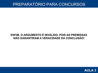 PROAB 2010 AULA 3 PREPARATÓRIO PARA CONCURSOS ENFIM, O ARGUMENTO É INVÁLIDO, POIS AS PREMISSAS NÃO GARANTIRAM A VERACIDADE DA CONCLUSÃO! 