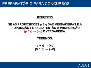PROAB 2010 AULA 3 PREPARATÓRIO PARA CONCURSOS EXERCÍCIO SE AS PROPOSIÇÕES p E q SÃO VERDADEIRAS E A PROPOSIÇÃO r É FALSA, ENTÃO A PROPOSIÇÃO  (p ^ r) -> (~q)  É VERDADEIRA. TEREMOS: (p ^ r) -> (~q) (V ^ F) -> (~V) 