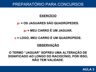 PROAB 2010 AULA 3 PREPARATÓRIO PARA CONCURSOS EXERCÍCIO p 1  = OS JAGUARES SÃO QUADRÚPEDES. p 2  = MEU CARRO É UM JAGUAR. c  = LOGO, MEU CARRO É UM QUADRÚPEDE. OBSERVAÇÃO O TERMO “JAGUAR” SOFREU UMA ALTERAÇÃO DE SIGNIFICADO AO LONGO DO RACIOCÍNIO, POR ISSO, NÃO TEM VALIDADE. 