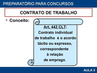 CONTRATO DE TRABALHO Conceito : Art. 442 CLT : Contrato individual  de trabalho  é o acordo tácito ou expresso,  correspondente  à relação  de emprego .  