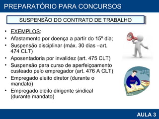 EXEMPLOS : Afastamento por doença a partir do 15º dia; Suspensão disciplinar (máx. 30 dias –art. 474 CLT)  Aposentadoria por invalidez (art. 475 CLT) Suspensão para curso de aperfeiçoamento custeado pelo empregador (art. 476 A CLT) Empregado eleito diretor (durante o mandato) Empregado eleito dirigente sindical (durante mandato) PROAB 2010 AULA 3 PREPARATÓRIO PARA CONCURSOS SUSPENSÃO DO CONTRATO DE TRABALHO 
