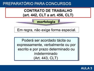 CONTRATO DE TRABALHO (art. 442, CLT a art. 456, CLT) Poderá ser acordado tácita ou expressamente, verbalmente ou por escrito e por prazo determinado ou indeterminado  (Art. 443, CLT)  Em regra, não exige forma especial. morfologia 