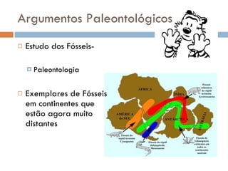 Argumentos Paleontológicos Estudo dos Fósseis-  Paleontologia Exemplares de Fósseis  em continentes que  estão agora muito  distantes  