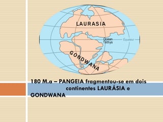 180 M.a – PANGEIA fragmentou-se em dois  continentes LAURÁSIA e GONDWANA 