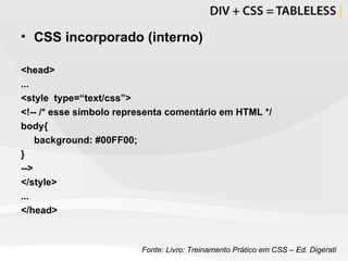 CSS incorporado (interno) <head> ... <style  type=“text/css”> <!-- /* esse símbolo representa comentário em HTML */ body{ background: #00FF00; } --> </style> ... </head> Fonte: Livro: Treinamento Prático em CSS – Ed. Digerati 