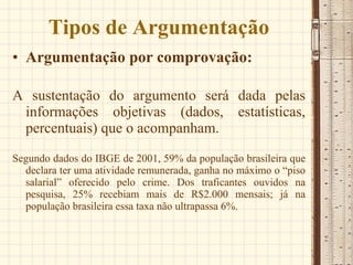 Tipos de Argumentação Argumentação por comprovação: A sustentação do argumento será dada pelas informações objetivas (dados, estatísticas, percentuais) que o acompanham.  Segundo dados do IBGE de 2001, 59% da população brasileira que declara ter uma atividade remunerada, ganha no máximo o “piso salarial” oferecido pelo crime. Dos traficantes ouvidos na pesquisa, 25% recebiam mais de R$2.000 mensais; já na população brasileira essa taxa não ultrapassa 6%. 