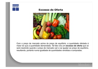 Excesso de Oferta




Com o preço de mercado acima do preço de equilíbrio, a quantidade ofertada é
maior do que a quantidade demandada. Tal fato cria um excesso de oferta que só
será resolvido quando o preço de mercado cair e se igualar ao preço de equilíbrio,
resultando, portanto numa igualdade de quantidades vendidas e compradas.
 