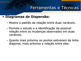 Ferramentas e Técnicas

• Diagramas de Dispersão:
  – Mostra o padrão da relação entre duas variáveis.

  – Permite o estudo e a identificação da possível
    relação entre as mudanças observadas em duas
    variáveis.

  – Quanto mais próximo os pontos estiverem da linha
    diagonal, mais próxima a relação entre eles.
 
