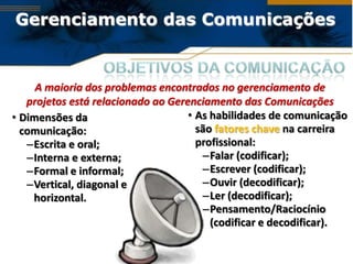 Gerenciamento das Comunicações


     A maioria dos problemas encontrados no gerenciamento de
   projetos está relacionado ao Gerenciamento das Comunicações
• Dimensões da                      • As habilidades de comunicação
  comunicação:                        são fatores chave na carreira
   –Escrita e oral;                   profissional:
   –Interna e externa;                 –Falar (codificar);
   –Formal e informal;                 –Escrever (codificar);
   –Vertical, diagonal e               –Ouvir (decodificar);
    horizontal.                        –Ler (decodificar);
                                       –Pensamento/Raciocínio
                                         (codificar e decodificar).
 