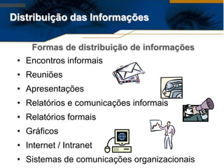 Distribuição das Informações

     Formas de distribuição de informações
 • Encontros informais
 • Reuniões
 • Apresentações
 • Relatórios e comunicações informais
 • Relatórios formais
 • Gráficos
 • Internet / Intranet
 • Sistemas de comunicações organizacionais
 