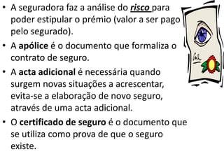 • A seguradora faz a análise do risco para
  poder estipular o prémio (valor a ser pago
  pelo segurado).
• A apólice é o documento que formaliza o
  contrato de seguro.
• A acta adicional é necessária quando
  surgem novas situações a acrescentar,
  evita-se a elaboração de novo seguro,
  através de uma acta adicional.
• O certificado de seguro é o documento que
  se utiliza como prova de que o seguro
  existe.
 
