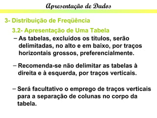 Apresentação de Dados

3- Distribuição de Freqüência
  3.2- Apresentação de Uma Tabela
  – As tabelas, excluídos os títulos, serão
    delimitadas, no alto e em baixo, por traços
    horizontais grossos, preferencialmente.

  – Recomenda-se não delimitar as tabelas à
    direita e à esquerda, por traços verticais.

  – Será facultativo o emprego de traços verticais
    para a separação de colunas no corpo da
    tabela.
 