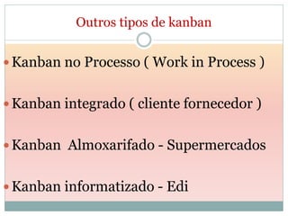 Outros tipos de kanban


 Kanban no Processo ( Work in Process )


 Kanban integrado ( cliente fornecedor )


 Kanban Almoxarifado - Supermercados


 Kanban informatizado - Edi
 