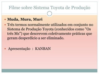 Filme sobre Sistema Toyota de Produção

 Muda, Mura, Muri
 Três termos normalmente utilizados em conjunto no
 Sistema de Produção Toyota (conhecidos como "Os
 três Ms") que descrevem coletivamente práticas que
 geram desperdício a ser eliminado.

 Apresentação : KANBAN
 