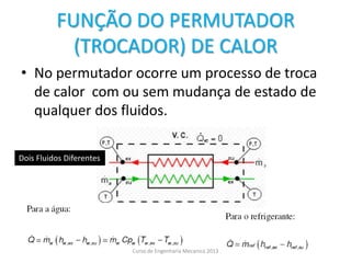 FUNÇÃO DO PERMUTADOR
(TROCADOR) DE CALOR
• No permutador ocorre um processo de troca
de calor com ou sem mudança de estado de
qualquer dos fluidos.
Curso de Engenharia Mecanica 2013
Dois Fluidos Diferentes
 