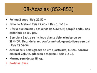 08-Acazias (852-853)
• Reinou 2 anos I Reis 22.52 –
• Filho de Acabe- I Reis 22:40 - II Reis 1. 1-18 –
• E fez o que era mau aos olhos do SENHOR; porque andou nos
caminhos de seu pai.
• E serviu a Baal, e se inclinou diante dele, e indignou ao
SENHOR, Deus de Israel, conforme tudo quanto fizera seu pai.
I Reis 22.52-54.
• Acazias caiu pelas grades de um quarto alto, buscou socorro
em Baal-Zebute, adoeceu e morreu.II Reis 1.2-18.
• Morreu sem deixar filhos.
• Profetas: Elias
16
 