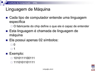 Instituto de Computação – UFAL
Linguagem de Máquina
 Cada tipo de computador entende uma linguagem
específica
 O fabrica...