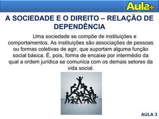 A SOCIEDADE E O DIREITO – RELAÇÃO DE
DEPENDÊNCIA
Uma sociedade se compõe de instituições e
comportamentos. As instituições são associações de pessoas
ou formas coletivas de agir, que suportam alguma função
social básica. É, pois, forma de encaixe por intermédio da
qual a ordem jurídica se comunica com os demais setores da
vida social.
AULA 3
 