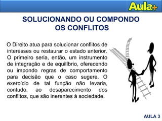 SOLUCIONANDO OU COMPONDO
OS CONFLITOS
O Direito atua para solucionar conflitos de
interesses ou restaurar o estado anterior.
O primeiro seria, então, um instrumento
de integração e de equilíbrio, oferecendo
ou impondo regras de comportamento
para decisão que o caso sugere. O
exercício de tal função não levaria,
contudo, ao desaparecimento dos
conflitos, que são inerentes à sociedade.
AULA 3
 