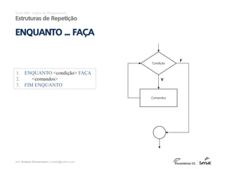 prof. Gustavo Zimmermann | contato@gust4vo.com
1. ENQUANTO <condição> FAÇA
2. <comandos>
3. FIM ENQUANTO
Excel VBA - Lógica de Programação
Estruturas de Repetição
ENQUANTO ... FAÇA
Condição
Comandos
F
V
 