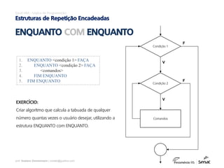 prof. Gustavo Zimmermann | contato@gust4vo.com
Excel VBA - Lógica de Programação
Estruturas de Repetição Encadeadas
1. ENQUANTO <condição 1> FAÇA
2. ENQUANTO <condição 2> FAÇA
3. <comandos>
4. FIM ENQUANTO
5. FIM ENQUANTO
ENQUANTO COM ENQUANTO
Condição 1
Condição 2
Comandos
F
F
V
V
EXERCÍCIO:
Criar algoritmo que calcula a tabuada de qualquer
número quantas vezes o usuário desejar, utilizando a
estrutura ENQUANTO com ENQUANTO.
 
