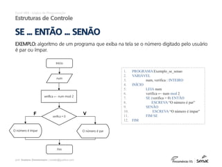 prof. Gustavo Zimmermann | contato@gust4vo.com
EXEMPLO: algoritmo de um programa que exiba na tela se o número digitado pelo usuário
é par ou ímpar.
Excel VBA - Lógica de Programação
Estruturas de Controle
1. PROGRAMA Exemplo_se_senao
2. VARIÁVEL
3. num, verifica : INTEIRO
4. INÍCIO
5. LEIA num
6. verifica ← num mod 2
7. SE (verifica = 0) ENTÃO
8. ESCREVA “O número é par”
9. SENÃO
10. ESCREVA “O número é ímpar”
11. FIM SE
12. FIM
SE ... ENTÃO ... SENÃO
Início
num
verifica ← num mod 2
verifica = 0
Fim
O número é par
VF
O número é ímpar
 