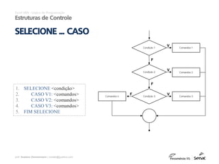 prof. Gustavo Zimmermann | contato@gust4vo.com
1. SELECIONE <condição>
2. CASO V1: <comandos>
3. CASO V2: <comandos>
4. CASO V3: <comandos>
5. FIM SELECIONE
Excel VBA - Lógica de Programação
Estruturas de Controle
SELECIONE ... CASO
Condição 1
Condição 2
Condição 3
Comandos 1
Comandos 2
Comandos 3Comandos n
F V
V
V
F
F
 