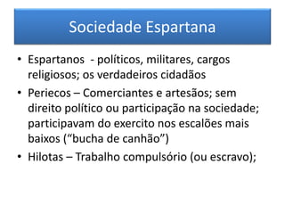 Sociedade Espartana 
• Espartanos - políticos, militares, cargos 
religiosos; os verdadeiros cidadãos 
• Periecos – Comerciantes e artesãos; sem 
direito político ou participação na sociedade; 
participavam do exercito nos escalões mais 
baixos (“bucha de canhão”) 
• Hilotas – Trabalho compulsório (ou escravo); 
 