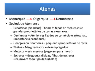 Atenas 
• Monarquia Oligarquia Democracia 
• Sociedade Ateniense 
– Eupátridas (cidadãos) – homens filhos de atenienses e 
grandes proprietários de terras e escravos 
– Demiurgos – Atenienses ligados ao comércio e artesanato 
(importância econômica) 
– Georgóis ou Geomores – pequenos proprietários de terra 
– Thetas – Marginalizados e desempregados 
– Metecos – estrangeiros (pagavam para morar) 
– Escravos – de guerra, dividas, filhos de escravos 
(realizavam todo tipo de trabalho) 
 