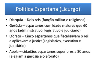 Política Espartana (Licurgo) 
•Diarquia – Dois reis (função militar e religiosas) 
•Gerúsia – espartanos com idade maiores que 60 anos (administrativo, legislativo e judiciário) 
•Eforato – Cinco espartanos que fiscalizavam o rei e aplicavam a justiça(Legislativo, executivo e judiciário) 
•Apela – cidadãos espartanos superiores a 30 anos (elegiam a gerúsia e o eforato)  