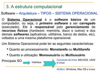 3. A estrutura computacional
Software – Arquitetura – TIPOS – SISTEMA OPERACIONAL
O Sistema Operacional é o software básico de um
computador, ou seja, o primeiro software a ser carregado
(executado). Ele é responsável pelo gerenciamento de
recursos físicos (hardware: memória, disco e outros) e dos
demais softwares (aplicativos, utilitários, banco de dados, etc),
voltados a uma mesma plataforma operacional.
Um Sistema Operacional pode ter as seguintes características:
 Quanto ao processamento: Monotarefa ou Multitarefa
 Quanto a utilização: Monousuário ou Multiusuário
Principais SO Interface
Comando de linha: MS-DOS, UNIX
e Linux
Gráfico: Windows, Mac OS e Linux
 