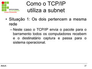 27AULA  :
Campus  Charqueadas
Como  o  TCP/IP  
utiliza  a  subnet
• Situação   1:   Os   dois   pertencem   a   mesma  
rede  
– Neste   caso   o   TCP/IP   envia   o   pacote   para   o  
barramento  todos  os  computadores  recebem  
e   o   destinatário   captura   e   passa   para   o  
sistema  operacional.  
 