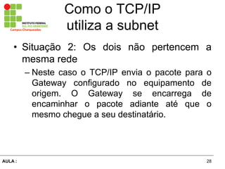 28AULA  :
Campus  Charqueadas
Como  o  TCP/IP  
utiliza  a  subnet
• Situação   2:   Os   dois   não   pertencem   a  
mesma  rede  
– Neste   caso   o   TCP/IP   envia   o   pacote   para   o  
Gateway   configurado   no   equipamento   de  
origem.   O   Gateway   se   encarrega   de  
encaminhar   o   pacote   adiante   até   que   o  
mesmo  chegue  a  seu  destinatário.  
 