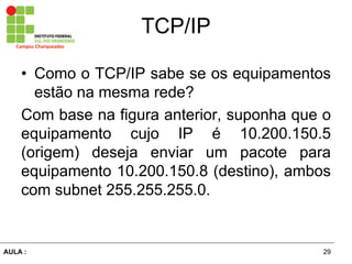 29AULA  :
Campus  Charqueadas
TCP/IP
• Como o TCP/IP sabe se os equipamentos
estão  na  mesma  rede?  
Com  base  na  figura  anterior,  suponha  que  o  
equipamento   cujo   IP   é   10.200.150.5  
(origem)   deseja   enviar   um   pacote   para  
equipamento  10.200.150.8 (destino), ambos
com subnet 255.255.255.0.  
 