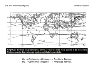 LCE 360 - Meteorologia Agrícola Sentelhas/Angelocci
Amplitude térmica anual (diferença entre a Tmed do mês mais quente e do mês mais
frio) decorrente dos efeitos da continentalidade/oceanidade.
HN → Continente > Oceano → > Amplitude Térmica
HS → Continente < Oceano → < Amplitude Térmica
 