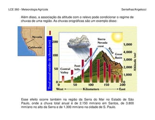 LCE 360 - Meteorologia Agrícola Sentelhas/Angelocci
Além disso, a associação da altitude com o relevo pode condicionar o regime de
chuvas de uma região. As chuvas orográficas são um exemplo disso:
Totalanualmédiodechuva(cm)Totalanualmédiodechuva(cm)
Esse efeito ocorre também na região da Serra do Mar no Estado de São
Paulo, onde a chuva total anual é de 2.150 mm/ano em Santos, de 3.800
mm/ano no alto da Serra e de 1.300 mm/ano na cidade de S. Paulo.
 
