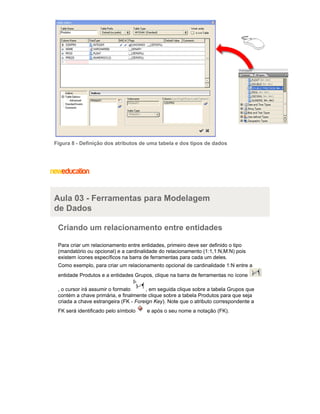 Figura 8 - Definição dos atributos de uma tabela e dos tipos de dados
Aula 03 - Ferramentas para Modelagem
de Dados
Criando um relacionamento entre entidades
Para criar um relacionamento entre entidades, primeiro deve ser definido o tipo
(mandatório ou opcional) e a cardinalidade do relacionamento (1:1,1:N,M:N) pois
existem ícones específicos na barra de ferramentas para cada um deles.
Como exemplo, para criar um relacionamento opcional de cardinalidade 1:N entre a
entidade Produtos e a entidades Grupos, clique na barra de ferramentas no ícone
, o cursor irá assumir o formato , em seguida clique sobre a tabela Grupos que
contém a chave primária, e finalmente clique sobre a tabela Produtos para que seja
criada a chave estrangeira (FK - ). Note que o atributo correspondente aForeign Key
FK será identificado pelo símbolo e após o seu nome a notação (FK).
 