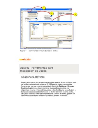 Figura 11 - Conectando com um Banco de Dados
Aula 03 - Ferramentas para
Modelagem de Dados
Engenharia Reversa
Engenharia r...