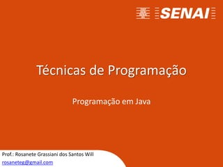 Técnicas de Programação
Programação em Java
Prof.: Rosanete Grassiani dos Santos Will
rosaneteg@gmail.com
 
