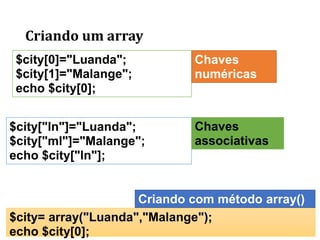 Criando um array
$city[0]="Luanda";
$city[1]="Malange";
echo $city[0];
$city["ln"]="Luanda";
$city["ml"]="Malange";
echo $city["ln"];
Chaves
numéricas
Chaves
associativas
$city= array("Luanda","Malange");
echo $city[0];
Criando com método array()
 